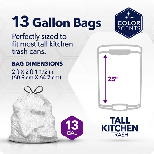 Miniatura 2 de Color Scents Bolsas de basura altas para cocina, 13 galones, 100 bolsas (1 paquete de 100 unidades), cordón - Bolsa blanca en lavanda + aroma a