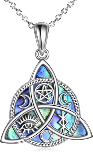 YFN Collar con dije de triple luna y diosa de plata esterlina, pentagrama y ópalo, collar con dije de ópalo pagano, amuleto mágico wiccano, árbol de