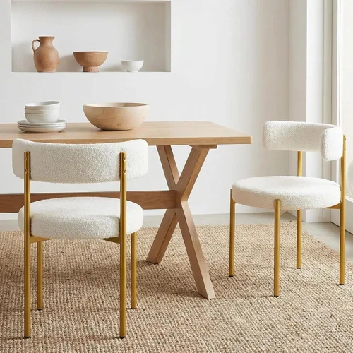 Miniatura 27 de Juego de 2 sillas de comedor Boucle, sillas de comedor beige con asiento tapizado y respaldo redondo, sillas de cocina modernas de mediados de siglo