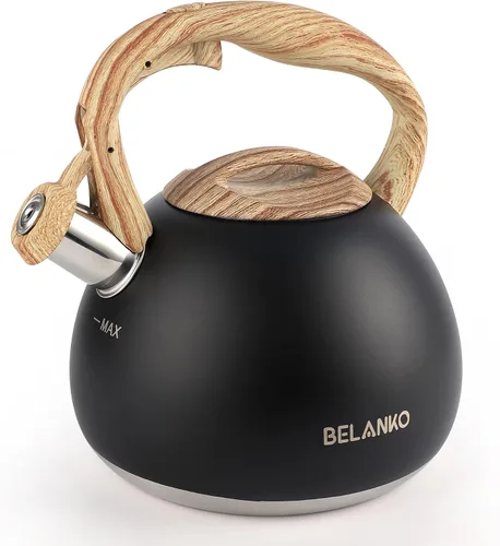 Miniatura 11 de BELANKO Hervidor de té de 2.7 cuartos de galón para estufas, tetera de acero inoxidable de grado alimenticio con silbato fuerte, mango de madera