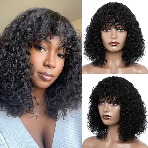 JOEDIR HAIR Peluca corta y rizada con flequillo, peluca de cabello humano virgen brasileño de 12 pulgadas para mujeres negras, peluca Jerry Curl,