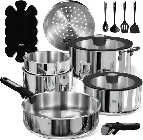 Miniatura 9 de CAROTE Juego de ollas y sartenes, juego de utensilios de cocina de acero inoxidable, mango desmontable, 15 piezas de utensilios de cocina