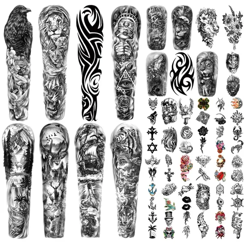 Miniatura 8 de Tatuaje Temporal de Brazo Completo Impermeable para Hombres (L22.8" x A7"), 46 Hojas de Tatuajes Falsos para Mujeres León Tigre Reloj Flor Esqueleto