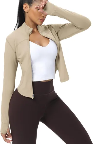 Miniatura 85 de AVGO Chaquetas de entrenamiento recortadas para mujer, con cremallera, ajustadas, atléticas, con agujeros para el pulgar