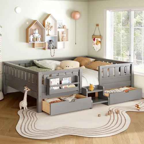 Miniatura 15 de Bellemave Cama Montessori de tamaño Queen con 2 cajones y estantería, camas de suelo para niños con barandillas de seguridad y escaleras, marco