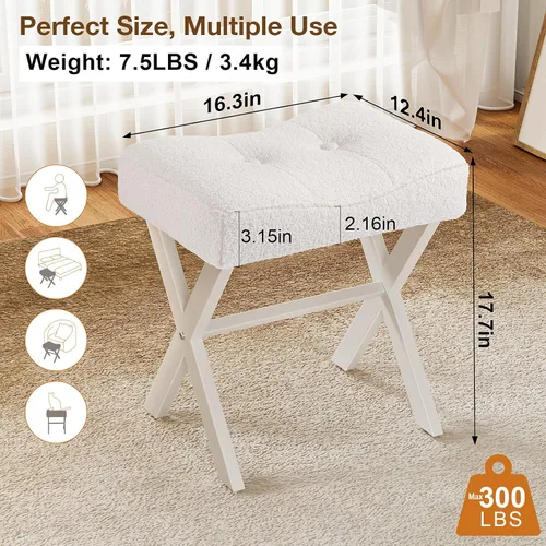 Miniatura 2 de Memobarco Taburete Silla de Tocador de 18 Pulgadas, Banco de Tocador con Patas en X de Metal, Taburete Otomán de Acento con Tela Bouclé Transpirable
