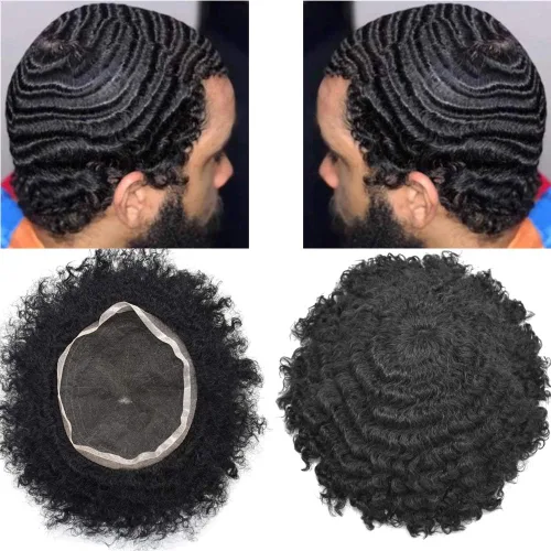 Miniatura 11 de Afro Toupee para hombres negros, unidad de cabello humano brasileño de encaje francés para hombres afroamericanos africanos y negros, sistema
