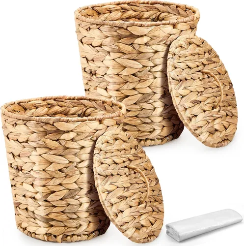 Ctosree 2 Piezas Cestas de Basura de Mimbre Cesto de Residuos Tejido con Tapa Papelera de Baño Contenedor de Basura con 100 Bolsas de Basura para