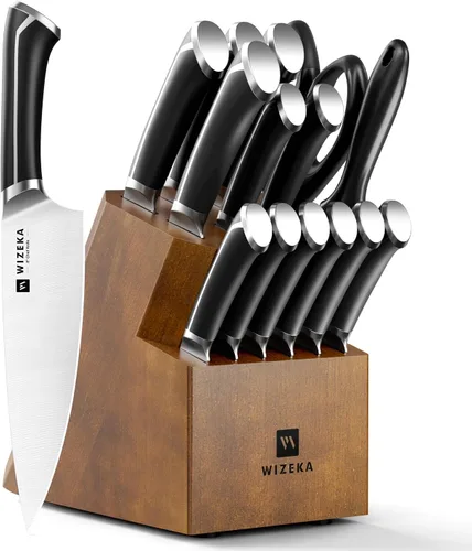 WIZEKA Juego de 15 piezas de cuchillos, juego de cuchillos de cocina de acero inoxidable de alto carbono, juego de bloque de cuchillos ultra