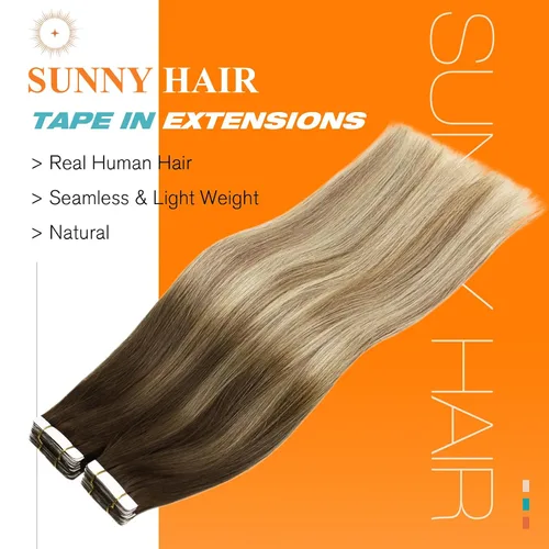 Miniatura 2 de Sunny Hair - Extensiones de cabello humano para mujer, con cinta adhesiva, Remy, castaño oscuro ombré, rubio dorado oscuro con efecto balayage