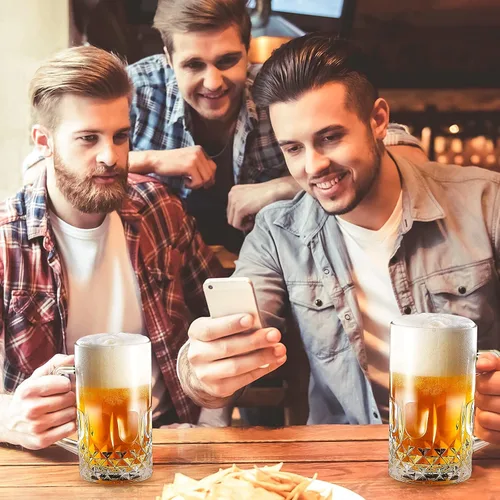 Miniatura 7 de Jarras de Cerveza de 20 OZ, Vasos de Cerveza Alemanes Transparentes Grandes y Altos con Asa para Hombres, Juego de 2