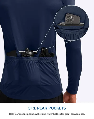 Miniatura 3 de Maillot de ciclismo para hombre con 3+1 bolsillos traseros con cremallera, manga larga, absorción de humedad, UPF 50+ media cremallera