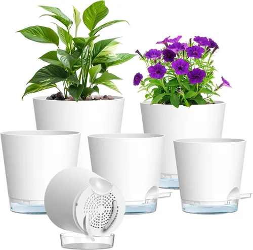 Miniatura 21 de Meowell Macetas de riego automático de 5 pulgadas para plantas de interior, paquete de 5 macetas pequeñas con agujeros de drenaje y depósito