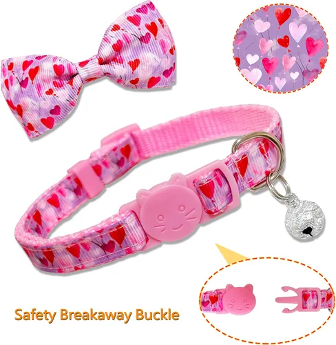 Miniatura 2 de Juego de collar de gato con pajarita de San Valentín con campana, collar de gato con corazón rosa para niños y niñas, gatitos