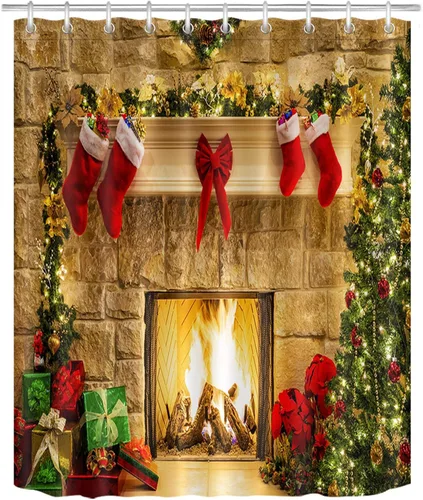 LB Cortina de ducha para chimenea de Navidad, regalo de árbol de Navidad, cortina de baño de Año Nuevo con ganchos, 60 x 72 pulgadas, tela de