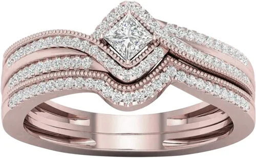 Elegante anillo de circonita con incrustaciones para mujer, anillos de compromiso para novia, boda, boda, exquisita joyería para fiesta (oro rosa,