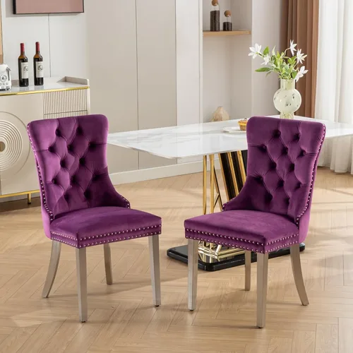 Miniatura 13 de Juego de 2 sillas de comedor de terciopelo, sillas decorativas tapizadas con patas de metal plateado, ribete de cabeza de clavo, tirador de anillo