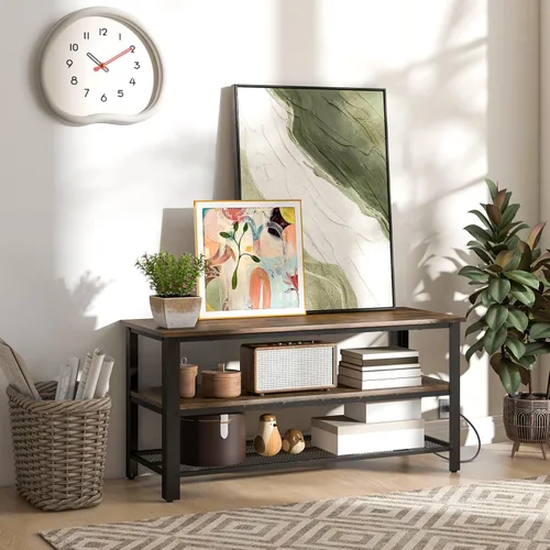 Miniatura 2 de Tangkula Soporte de TV pequeño para televisores de hasta 50 pulgadas, mesa consola de TV de 3 niveles con tomas de corriente, puertos USB, estantes
