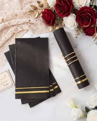 Miniatura 5 de bUCLA 100 unidades de servilletas de 3 capas negras y doradas - Servilletas de papel negro para cena desechables de calidad premium, desechables