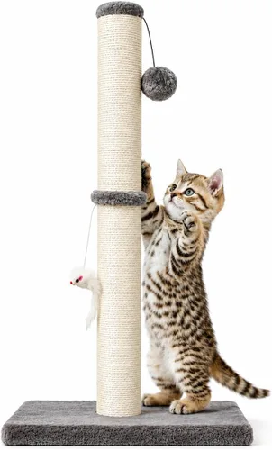 Miniatura 8 de MeowHomm Poste rascador para gatos de 32 pulgadas con cepillo para gatos, cuerda de sisal, poste rascador alto para gatos con bola colgante suave