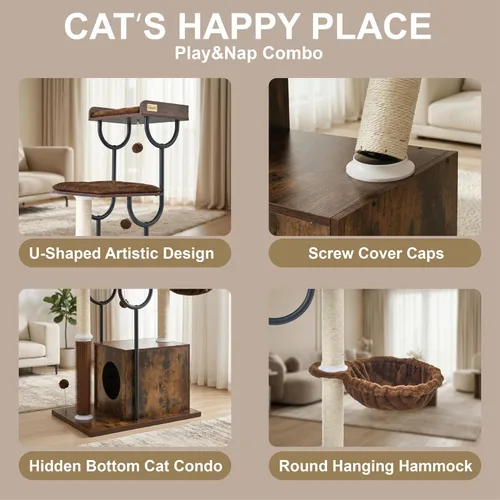 Miniatura 8 de FourFurPets Árbol para gatos grandes, torre moderna para gatos con poste rascador, torre de madera para gatos de 74 pulgadas para múltiples gatos