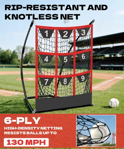 Miniatura 4 de Queension Red de lanzamiento objetivo de 9 agujeros con zona de golpeo Red de bateo de béisbol con bolsillos objetivo, red de lanzamiento con Negro