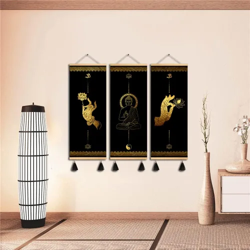 Miniatura 2 de MBOUFOEY 3 piezas de budismo Zen Art Buddha gestos de mano en lienzo dorado y negro lienzo para pared, póster de madera con marco de desplazamiento