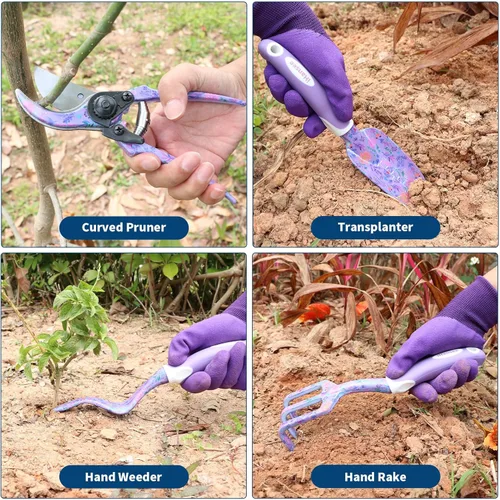 Miniatura 3 de Juego de herramientas de jardín morado de 10 piezas, herramientas de mano de aleación de aluminio y acero con mango ergonómico antideslizante, bolsa