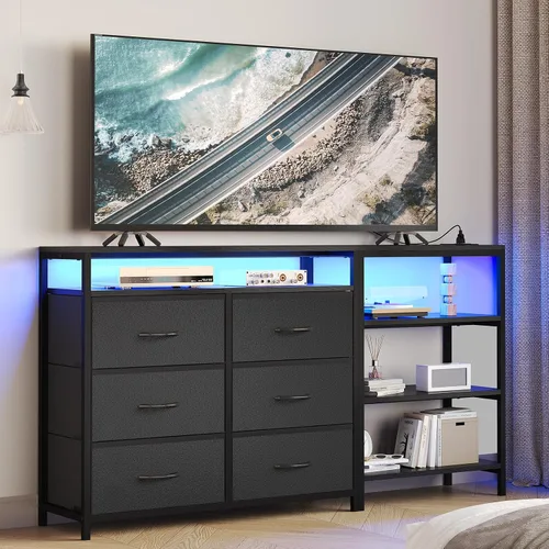 Miniatura 10 de BTHFST Soporte de TV para dormitorio con estación de carga y luces LED, centro de entretenimiento para TV de 60 pulgadas con 6 cajones de tela