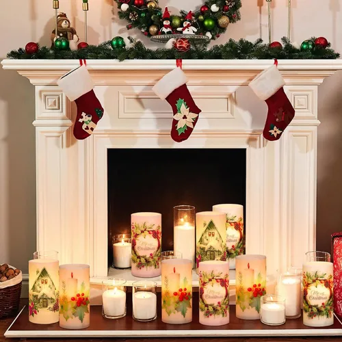 Miniatura 5 de Retisee 3 piezas de velas de Navidad sin llama estilo granja con control remoto, velas LED operadas a batería estilo rústico, decoración de Navidad