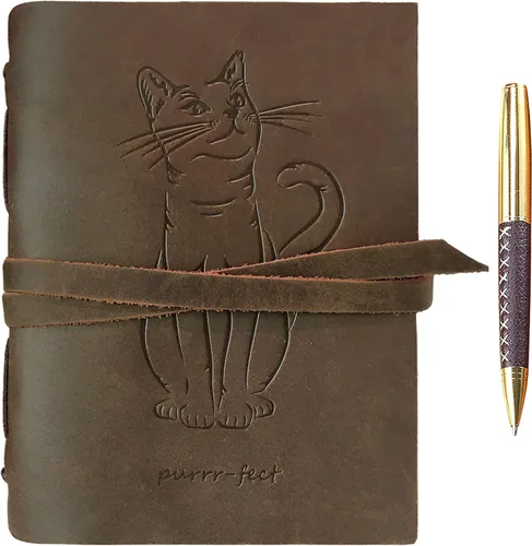 Sovereign-Gear Diario encuadernado en cuero para hombres y mujeres, juego de regalo hecho a mano con diario de cuero en relieve de gato y bolígrafo