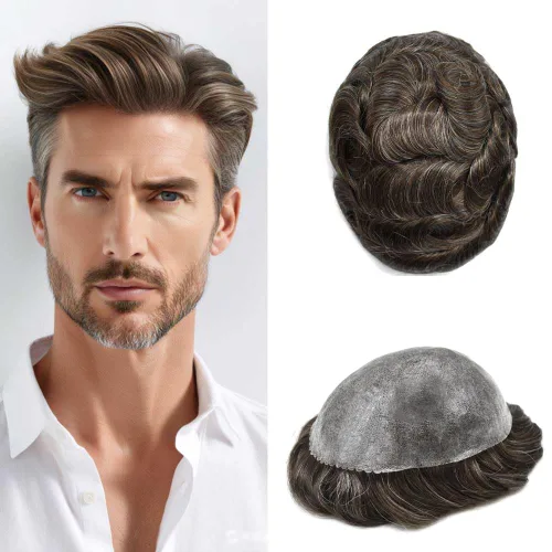 Miniatura 19 de Toupee para hombres Sistema de reemplazo de cabello humano real para hombres Completo PU Mens Hairpiece de aspecto natural para hombre piezas