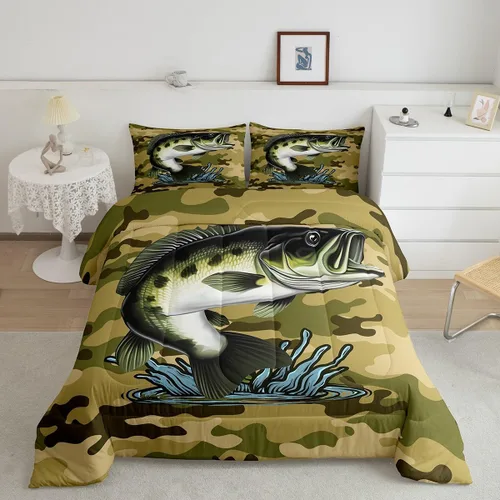 Miniatura 9 de Erosebridal Juego de ropa de cama de pesca tamaño individual, juego de edredón de peces coloridos para niños, adolescentes, hombres, pescadores