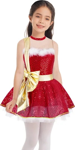 Xnihocha Disfraz de fiesta de baile de Navidad para niños y niñas, con lentejuelas brillantes, figura de patinaje sobre hielo, tutú de ballet