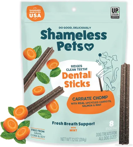 Shameless Pets Golosinas dentales para perros, Carrate Chomp, palitos dentales saludables con soporte para la piel y el pelaje para limpieza de