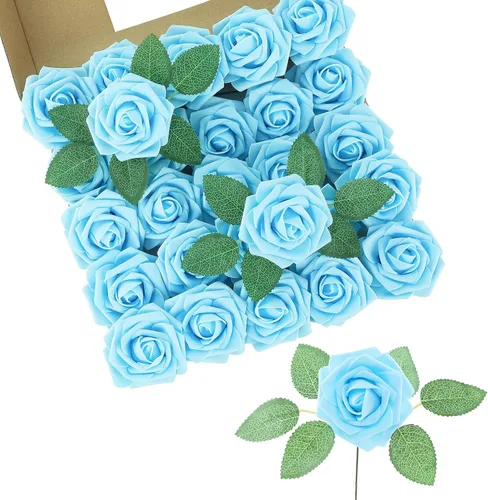 Miniatura 42 de DuHouse 25 rosas artificiales con tallos, flores de espuma de tacto real para bricolaje, ramo de boda, centro de mesa, arreglo floral, fiesta, Verde