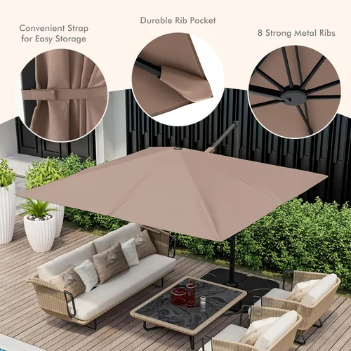 Miniatura 9 de Tangkula Sombrilla de patio voladiza de 9.5 pies, sombrilla cuadrada para exteriores con rotación de 360°, sombrilla colgante de patio resistente