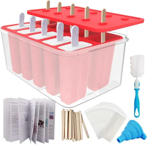 Miniatura 14 de Miaowoof Moldes caseros para paletas de hielo, fabricante de paletas de hielo de silicona de 10 cavidades sin BPA, con 50 palitos, 50 bolsas, 10 Rojo