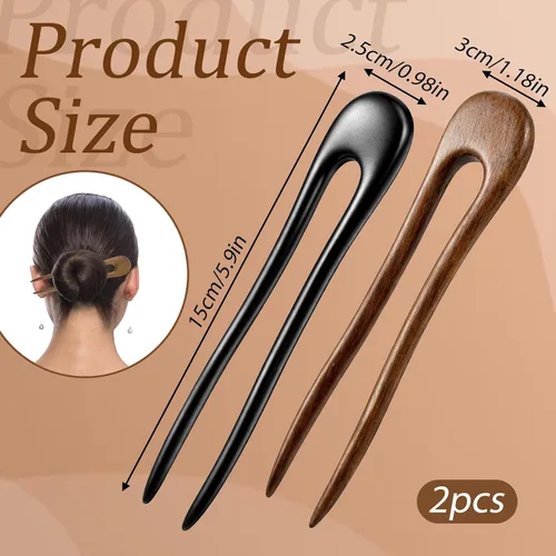 Miniatura 2 de Paquete de 2 horquillas en forma de U con dos puntas para moños, tenedores de madera para el pelo, horquillas de pelo francés, tenedor de madera