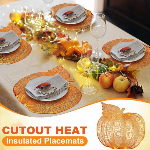 Miniatura 5 de Sliner Paquete de 12 manteles individuales de calabaza de Acción de Gracias de 17 x 16 pulgadas, de vinilo metálico prensado para otoño, decoración