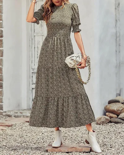 Miniatura 114 de BTFBM Vestidos para mujer, cuello redondo, casual, de verano, con volantes, manga corta, bohemio, con niveles, fruncido, largo, con estampado floral