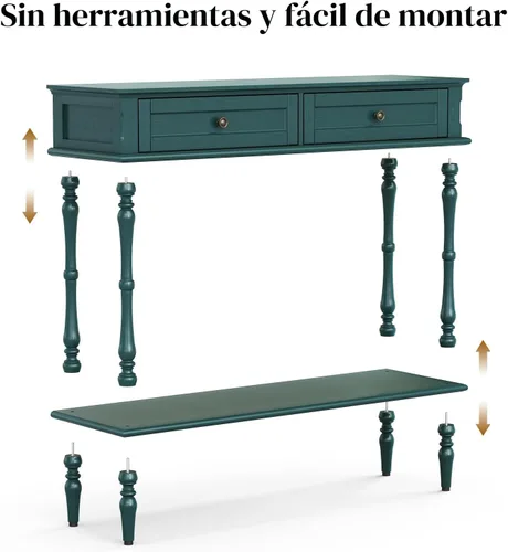 Miniatura 3 de ARTPOWER - Mesa de consola para entrada con 2 cajones - Montaje mínimo, mesa retro verde para entrada con gabinetes de almacenamiento y estante