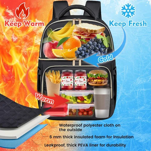 Miniatura 5 de Mochila Refrigeradora Lonchera Mochilas de Doble Piso Caja de Almuerzo, Mochilas Aisladas Bolsas Refrigeradoras de Almuerzo, Lonchera Liviana a Negro