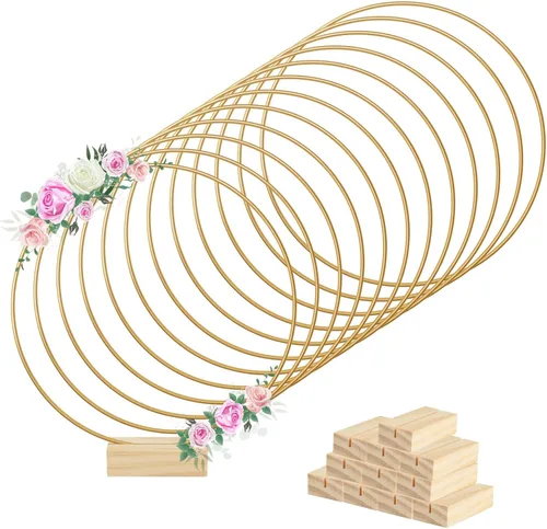 Miniatura 10 de BOUBONI 5 piezas de centro de mesa de aro floral de metal de 8 pulgadas con 5 soportes de madera para mesa de corona de metal soporte para centro