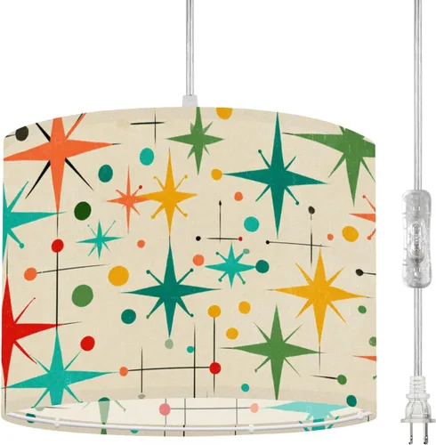 Miniatura 7 de Boho Plug in Pendant Light Mid Century Modern Art Abstract Geometric Seamless 16.4ft Plug in Cord Dimmable Hanging Lamp Fabric Lamp Shade Pendant