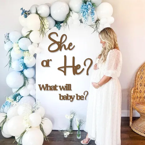 Miniatura 7 de Grandes calcomanías de revelación de género para telón de fondo, señal de baby shower de madera, ¿él o ella? ¿Qué será el bebé? Arco de globos