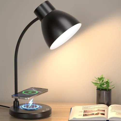 Lámparas de escritorio para oficina en casa – Lámpara de escritorio LED con cargador inalámbrico, 3 modos de color regulables para el cuidado de los