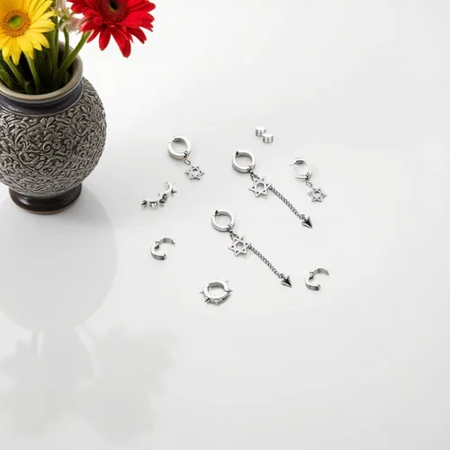 Miniatura 3 de Juego de 5 pares de aretes de aro de acero inoxidable negro sin perforación, remaches cruzados y borla para mujeres, hombres, niños y niñas, aretes