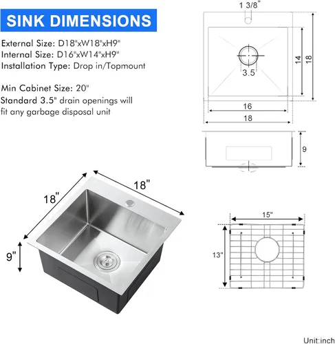 Miniatura 3 de Fregadero de cocina de 18 x 18 pulgadas, fregadero pequeño de acero inoxidable 304 con ranura de drenaje en forma de X y rejilla inferior, fregadero