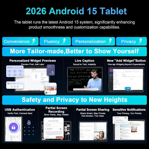 Miniatura 4 de JJGJ Tablet Android 15 2026 con teclado, 26 GB+256 GB, expansión de 2 TB, tableta de 10 pulgadas con octa-Core, 8000 mAh, WiFi 5G, BT5.0, Widevine